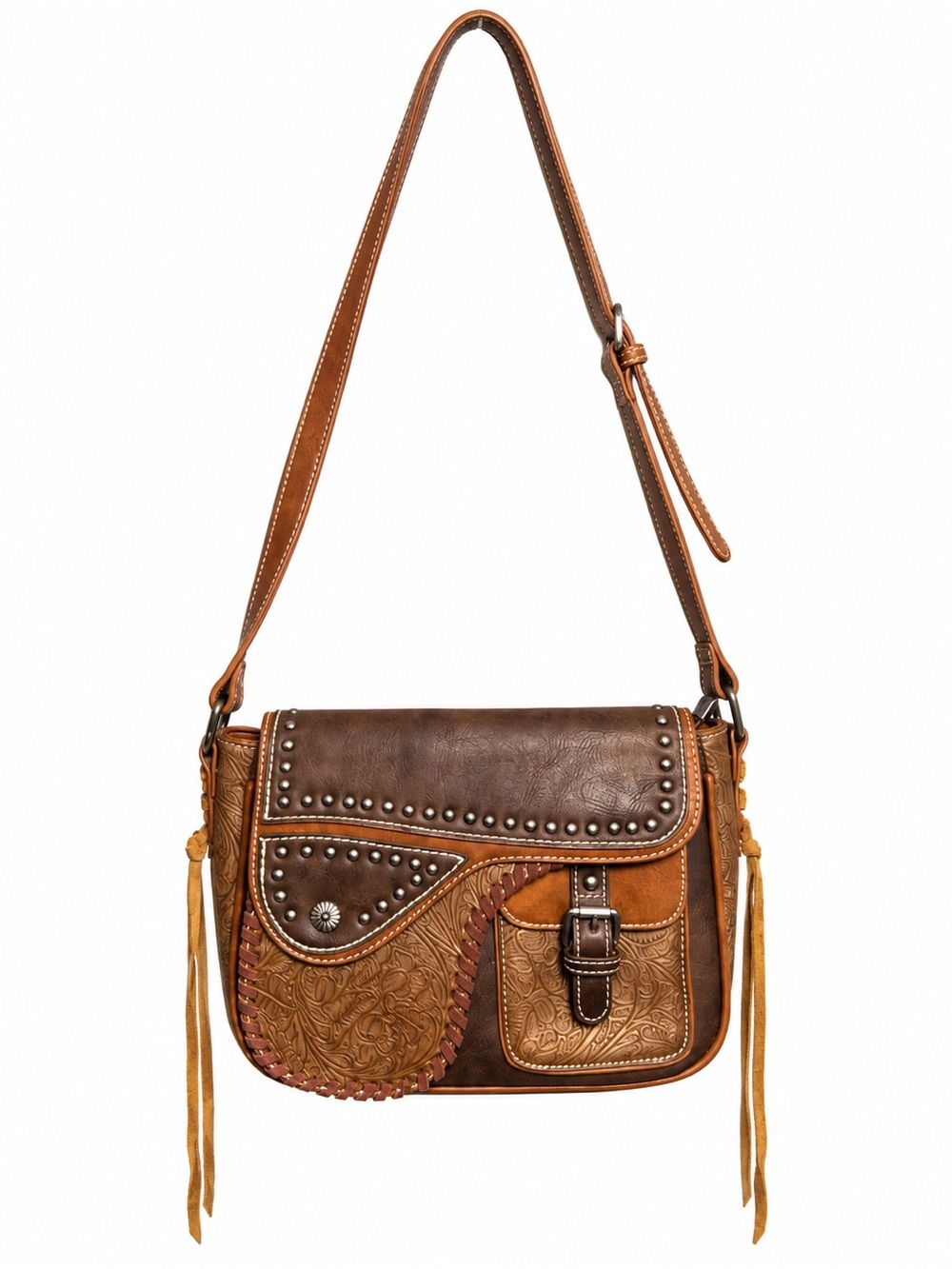 Montana West Western Tooled Floral Crossbody Bag Studded Brown Fringe Purse Boho
